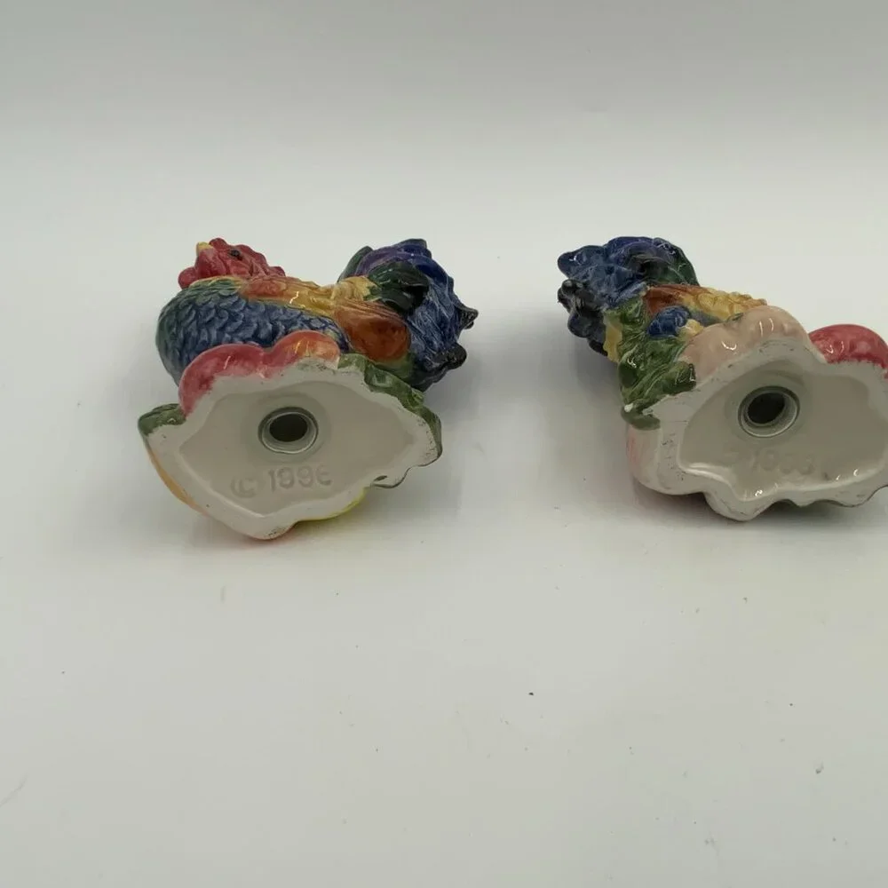 1996 Fritz & Floyd Hen and Rooster Salt & Pepper Shakers Fruit & Veggies